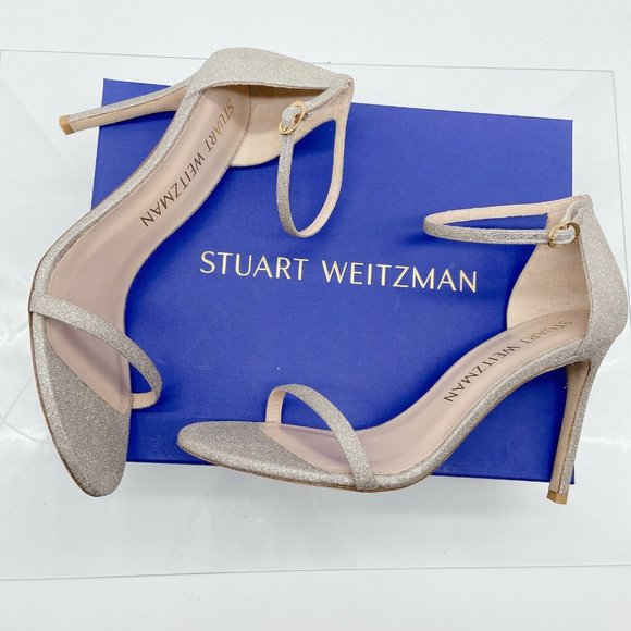 Stuart Weitzman Nudistsong High Heel Ankle Strap Sandal Platino Glitter US 10 B - Picture 1 of 10